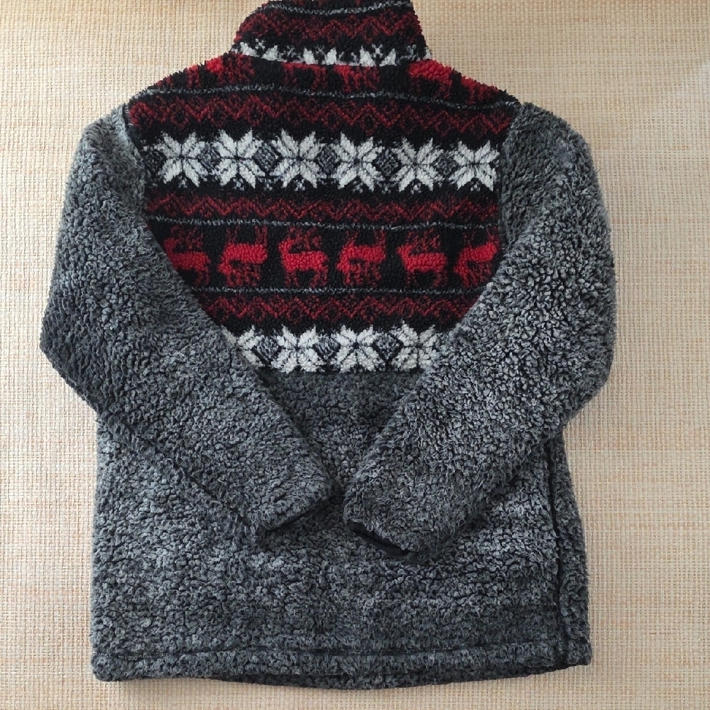 Simply Southern Sherpa Pullover Small Gray Red Fair Isle Quarter Zip Fleece - Picture 3 of 7